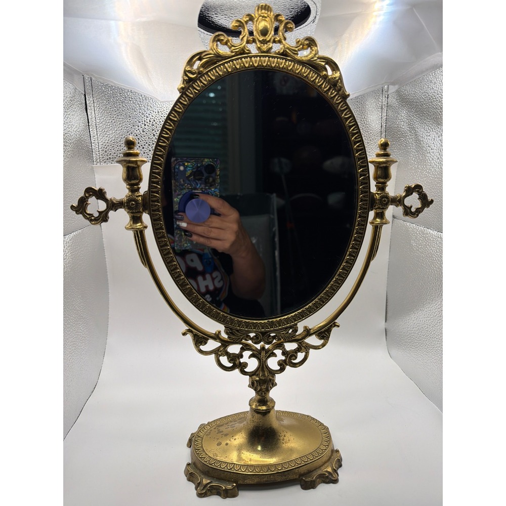 Vintage Brass Ornate Tabletop Vanity Mirror Swivel Oval Pedestal Victorian Style